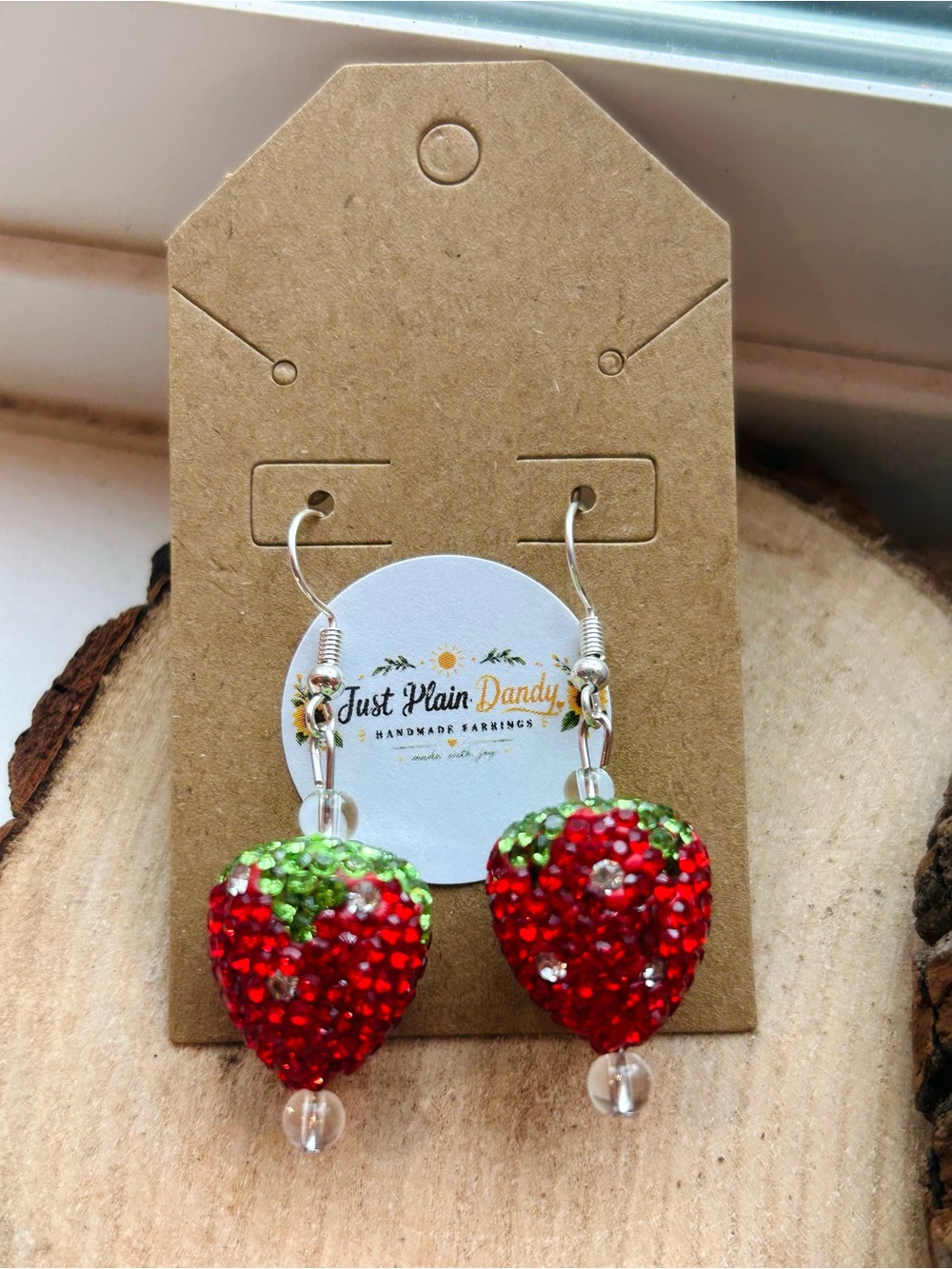 Handmade Strawberry Rhinestone Dangle Earrings NWT Cute Kawaii - Picture 2 of 4